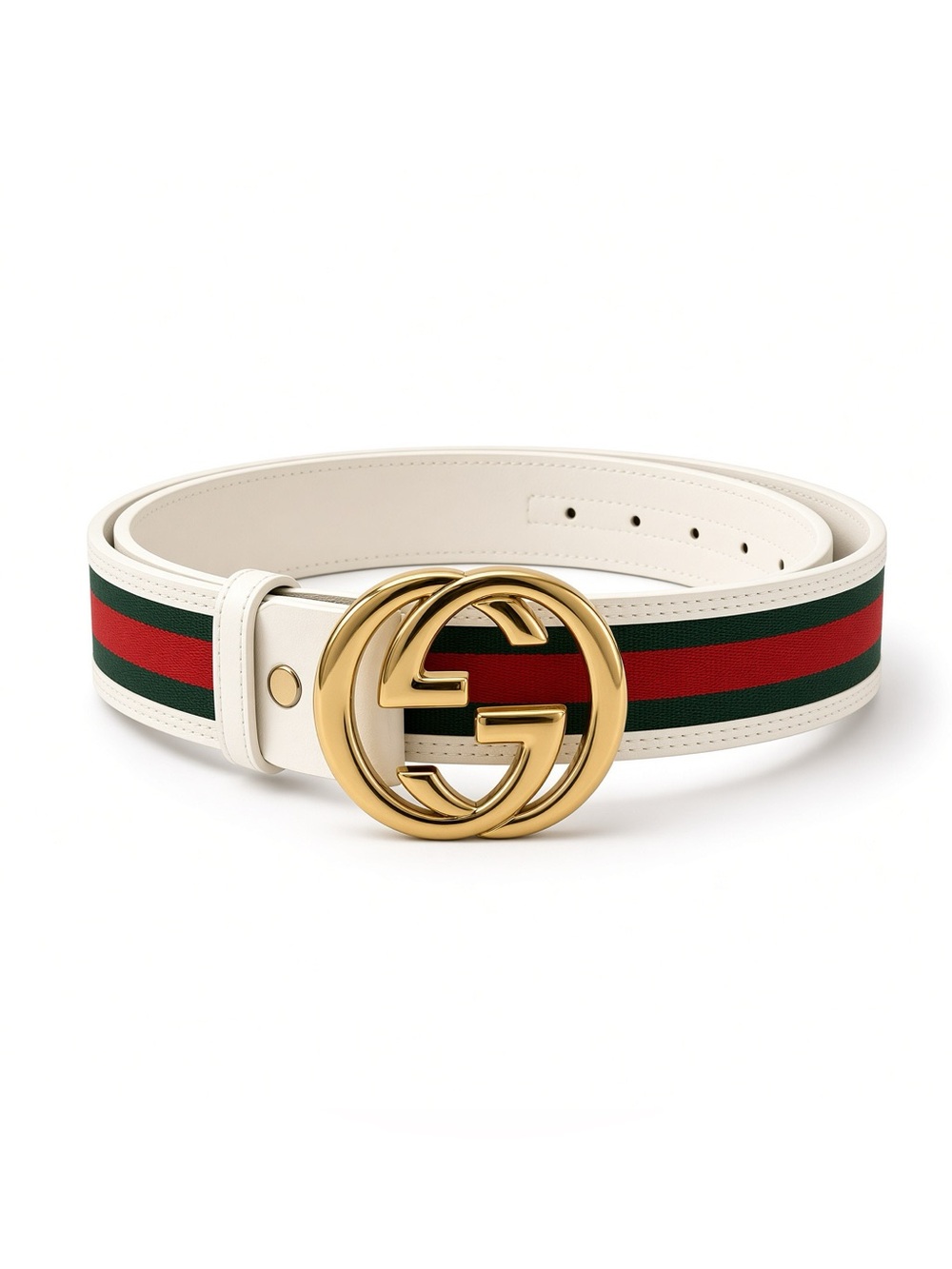 Brand New FASHION White Belt with Green and Red Web Stripe and Gold Buckle